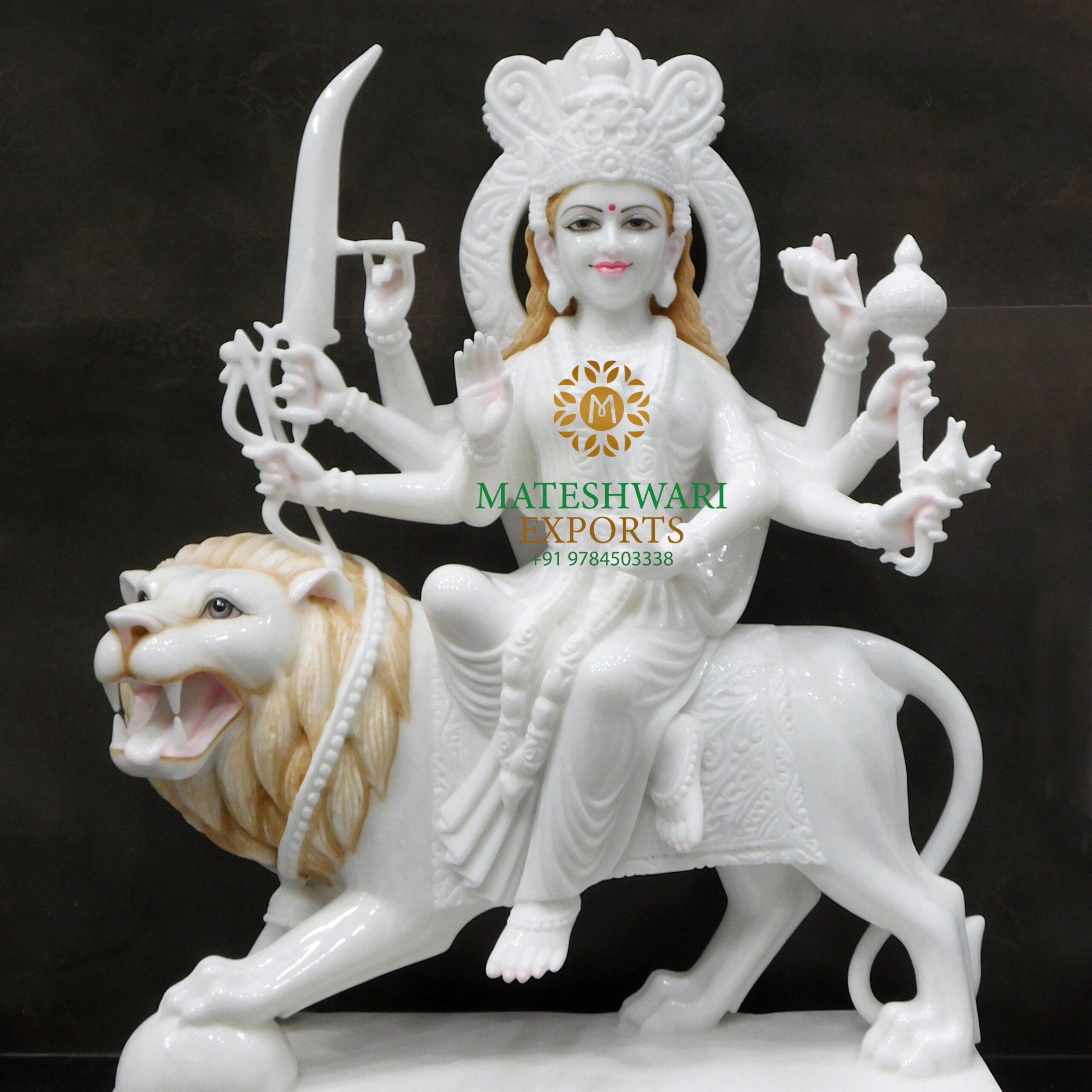 White Marble Durga Mata Statue on Lion - Image 5