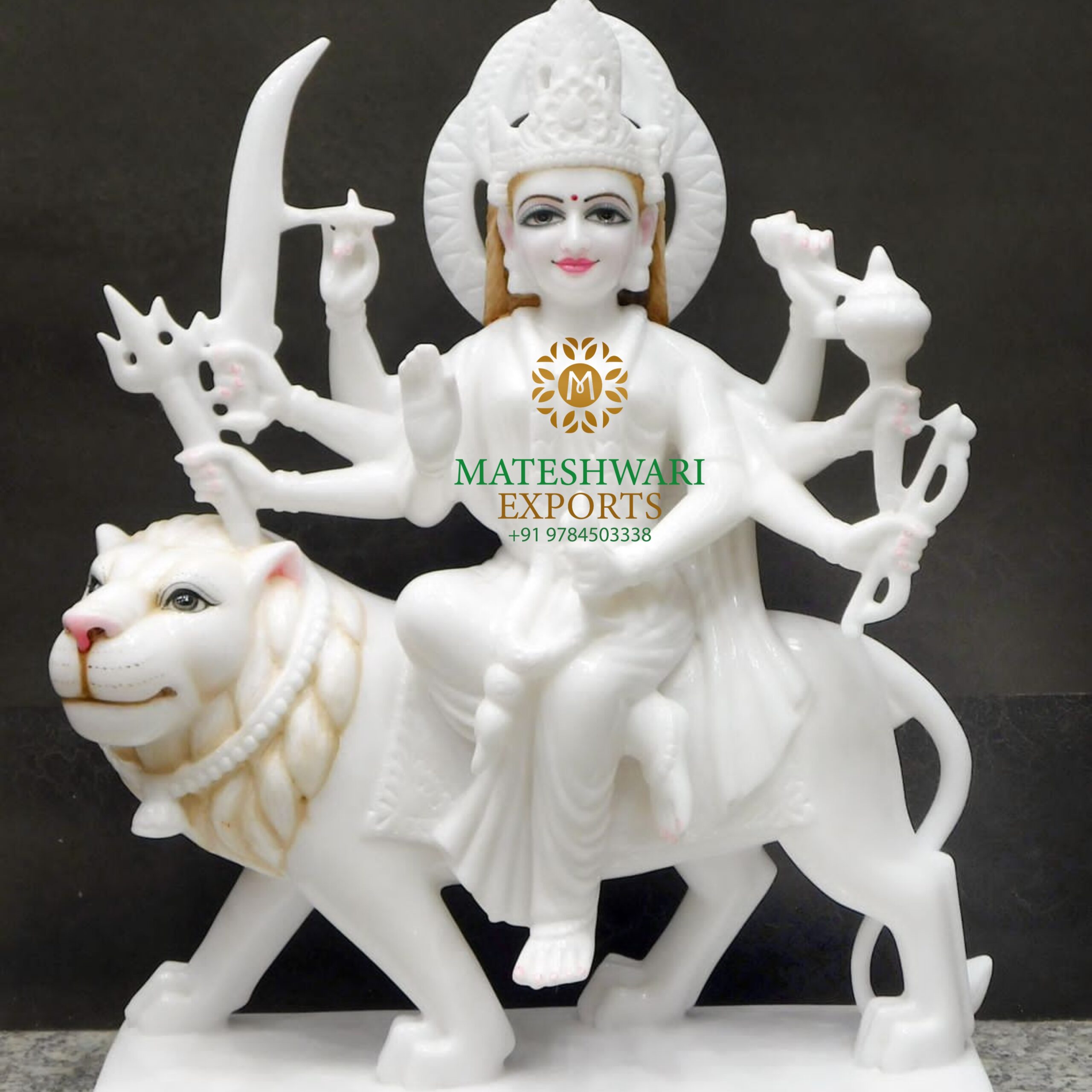 White Marble Durga Mata Statue on Lion - Image 3